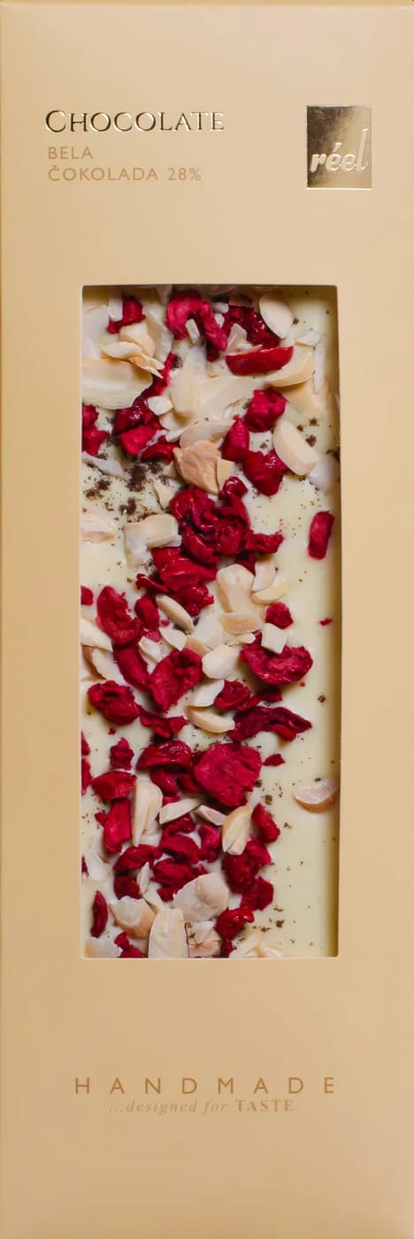 Reel White Chocolate 28% with Freeze-Dried Sour Cherry, Almond and Bourbon Vanilla 115g