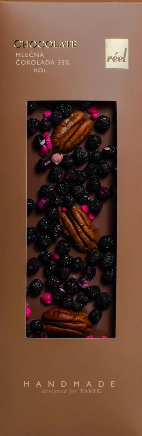 Reel Milk Chocolate 35% with Freeze-Dried Blueberry, Candied Rose and Pecan 115g