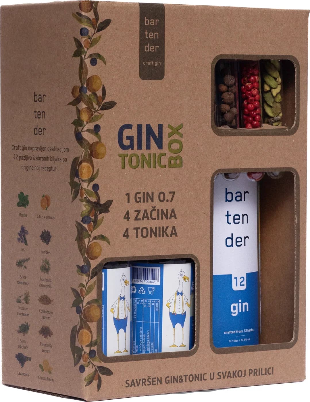 Bartender Gin Tonic poklon pakovanje (gin 0.7 + 4 tonika + 4 začina)