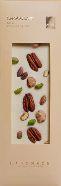 Reel White Chocolate 28% with Pecan, Hazelnut and Pistachio 115g