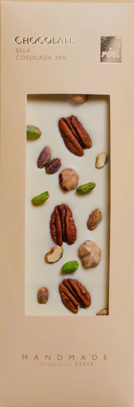 Reel White Chocolate 28% with Pecan, Hazelnut and Pistachio 115g
