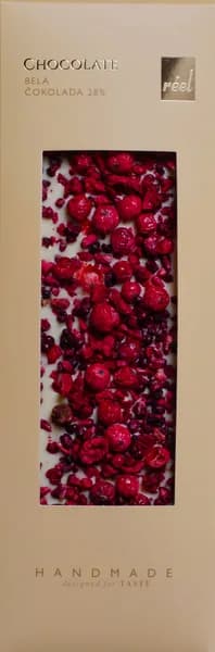 Reel White Chocolate 28% with Freeze-Dried Sour Cherry, Blackberry and Redcurrant 115g