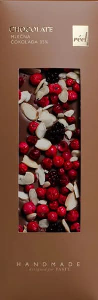 Reel Milk Chocolate 35% with Freeze-Dried Redcurrant, Blackberry and Almond 115g