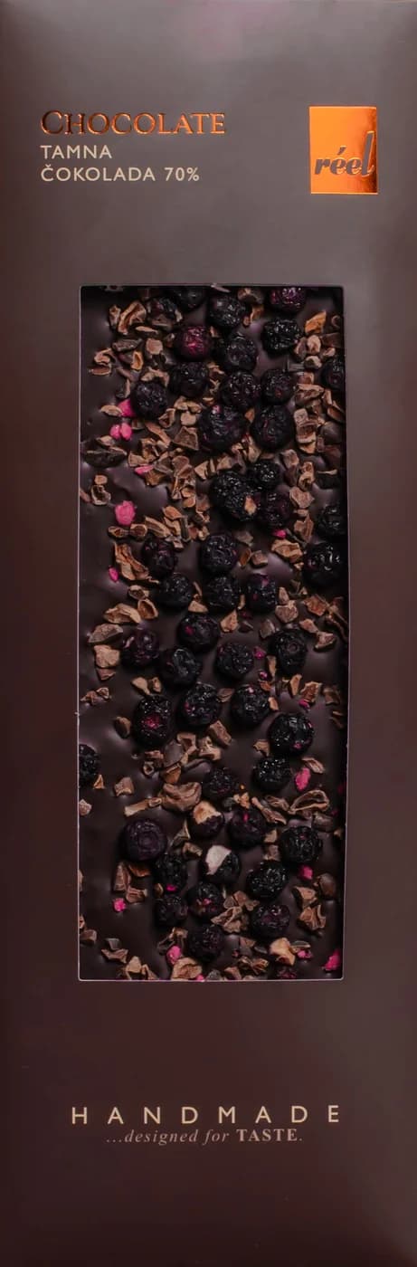 Reel Dark Chocolate 70% with Freeze-Dried Blueberry, Cocoa Nibs and Candied Rose 115g